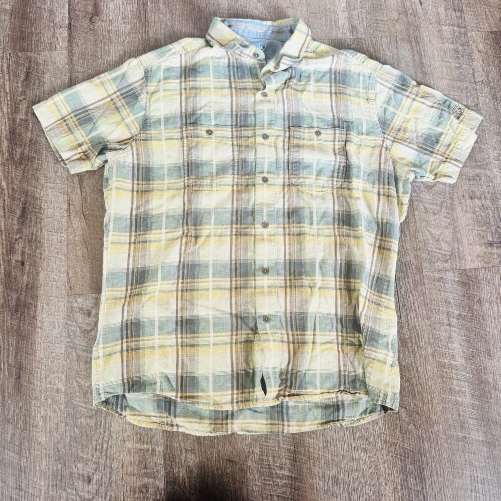 Kuhl Shirt Mens Large Green Button Up Linen Camp Outdoors Collar Plaid